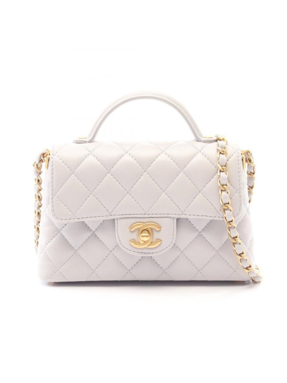 Chanel Shoulder Bag Quilted Top Handle 2-Way Light Gray Lambskin Chain
